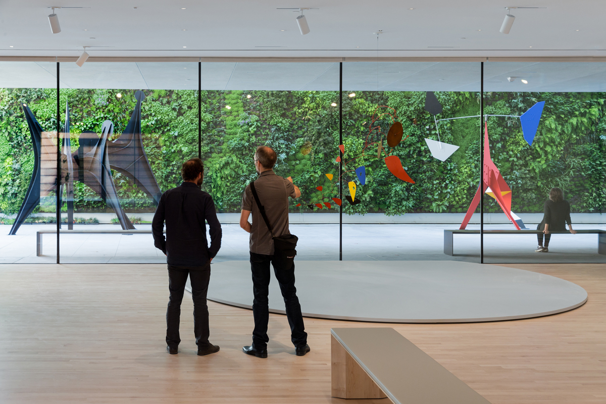 'Alexander Calder: Motion Lab' exhibition at SFMOMA, looking out on the living wall.