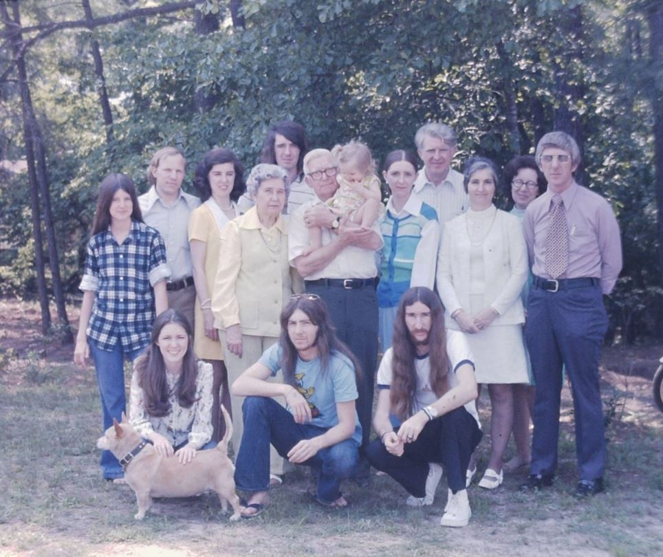 Theresa Anderson Glisson‎, via Facebook: "Here's my family photo from my hippie days......cousins, aunts, uncles, parents, grandparents, brother and sisters. I'm the cool one in front with the dog."