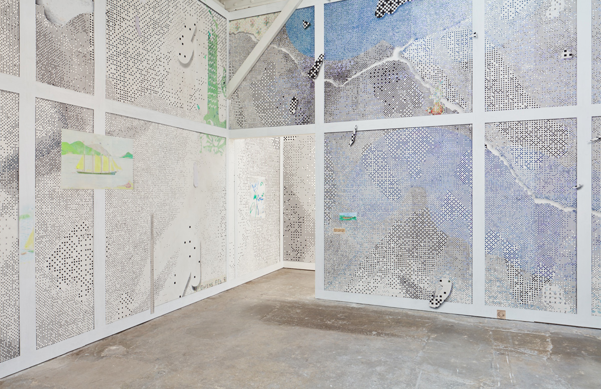 Laura Owens, 'Untitled,' 2016 (installation view); acrylic, oil, Flashe, silkscreen inks, charcoal, pastel pencil, graphite, and sand on wallpaper; courtesy the artist and Gavin Brown’s enterprise, New York / Sadie Coles HQ, London / Galerie Gisela Capitain, Cologne.