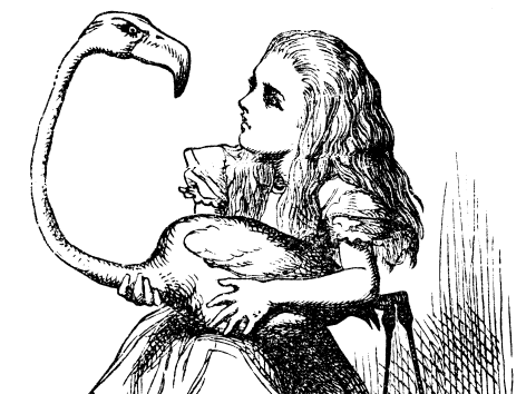 Alice attempting to play croquet using a flamingo in 'Alice's Adventures in Wonderland.'
