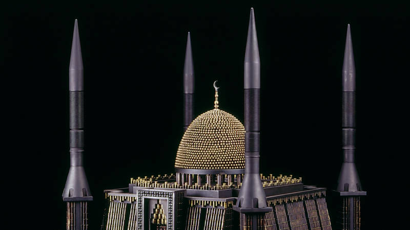 ‘Mosque III (After National Mosque of Nigeria, Abuja),’ 2010; 'tank-killer' missiles, bullets, brass, steel, gun trigger; 25 x 29 x 31 in.