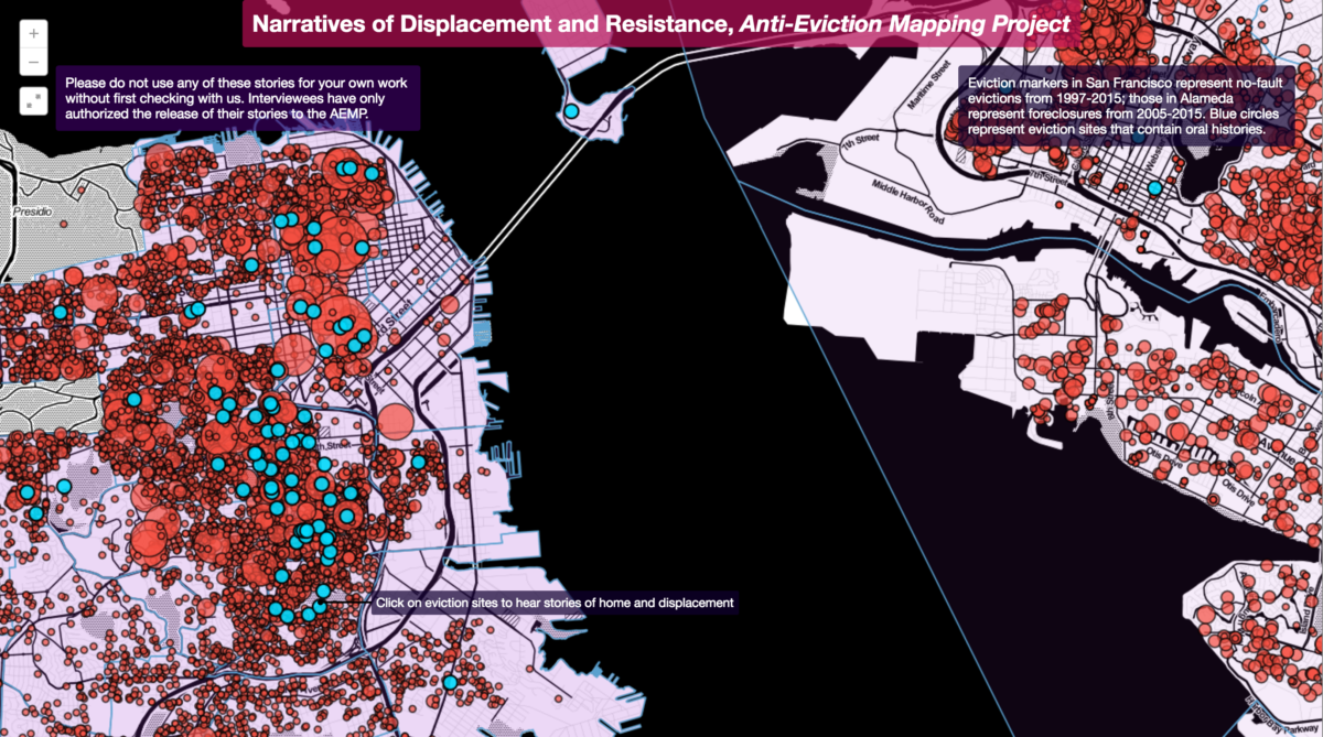 Narratives of Displacement and Resistance map. Red dots mark no-fault evictions in San Francisco 1997-2015 and foreclosures in Alameda 2005-2015; blue dots mark oral histories.