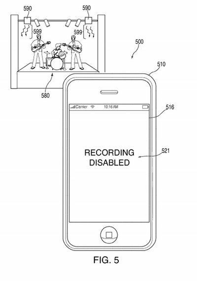 A drawing from the Apple patent specifically shows how the technology could prevent music fans from taping a live show.