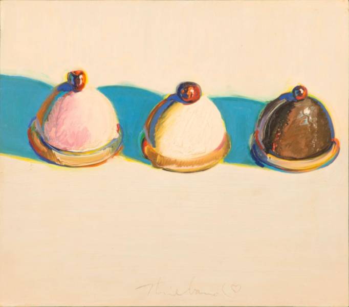 "Three Treats", c. 1975-76, oil on panel, gift of Betty Jean and Wayne Thiebaud