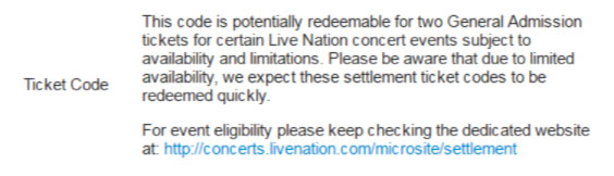 "We expect these settlement ticket codes to be redeemed quickly," reads Ticketmaster's voucher description.