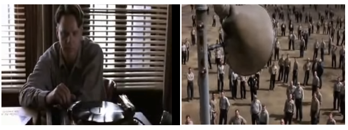 In "The Shawshank Redemption," a prisoner played by Tim Robbins (left) plays Mozart for his fellow prisoners, who listen intently (right) to a speaker that blared an Italian-language opera song.