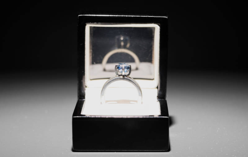 'Jill Magid: The Proposal' (detail), 2016 Uncut, 2.02 carat, blue diamond with micro-laser inscription “I am wholeheartedly yours,” silver ring, ring box, documents. Setting design: Anndra Neen. Courtesy of the artist; LABOR, Mexico City; RaebervonStenglin, Zurich and Galerie Untilthen, Paris.
