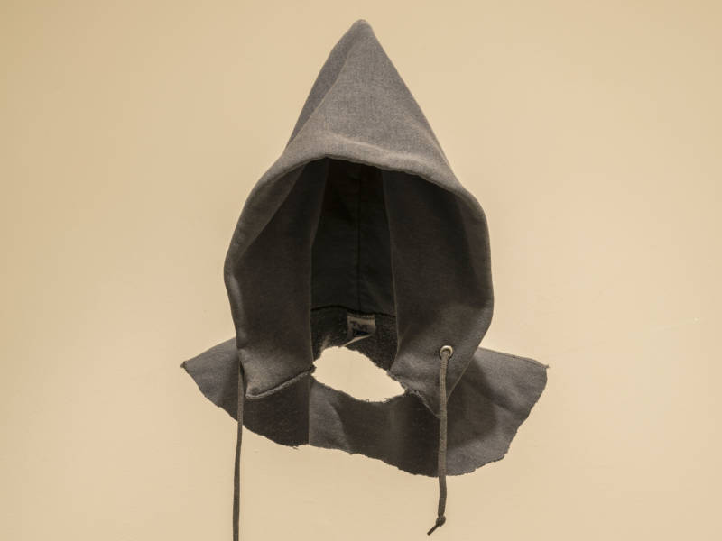 David Hammons made his 1993/2016 work In the Hood out of a found sweatshirt and fishing wire.
