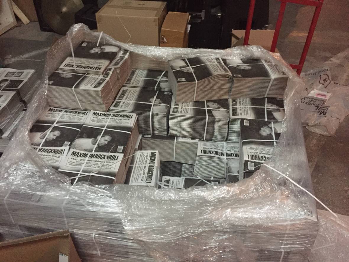 A pallet of Maximum Rocknroll issues, ready for distribution