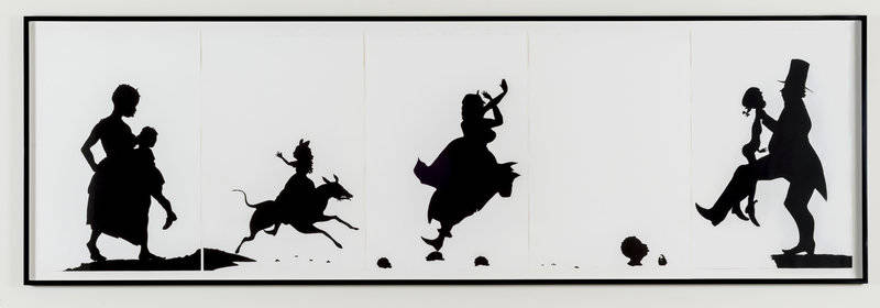 Kara Walker uses striking, black-and-white silhouettes in her 1995 work The Means to an End...A Shadow Drama in Five Acts.