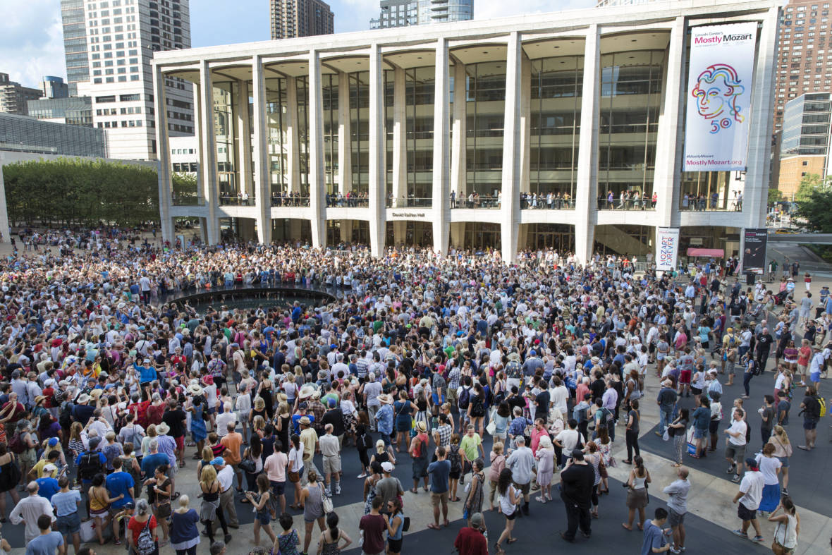 The "public domain" chorus gathers at Josie Robertson Plaza at Lincoln Center on Saturday in New York, NY.