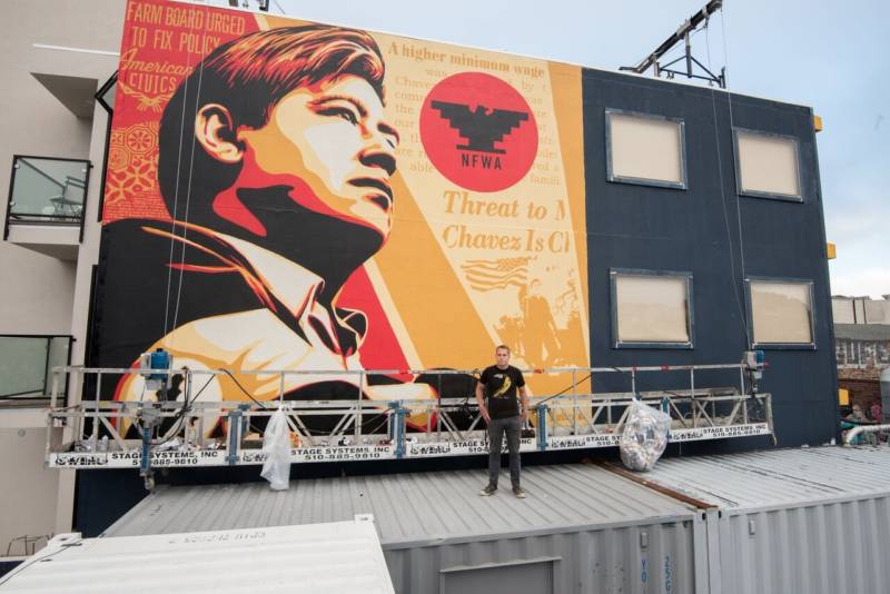 Shepard Fairey completes a Cesar Chavez Mural in San Francisco.