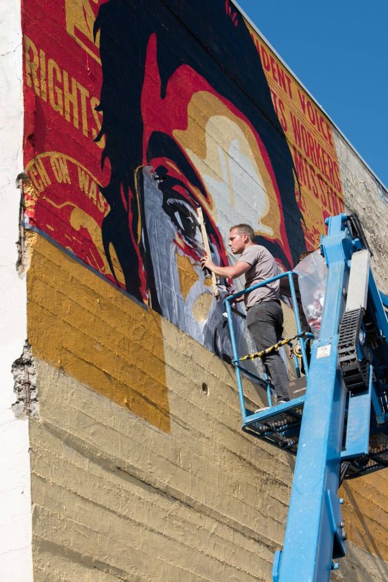 Shepard Fairey completes a Fannie Lee Chaney Mural in San Francisco.