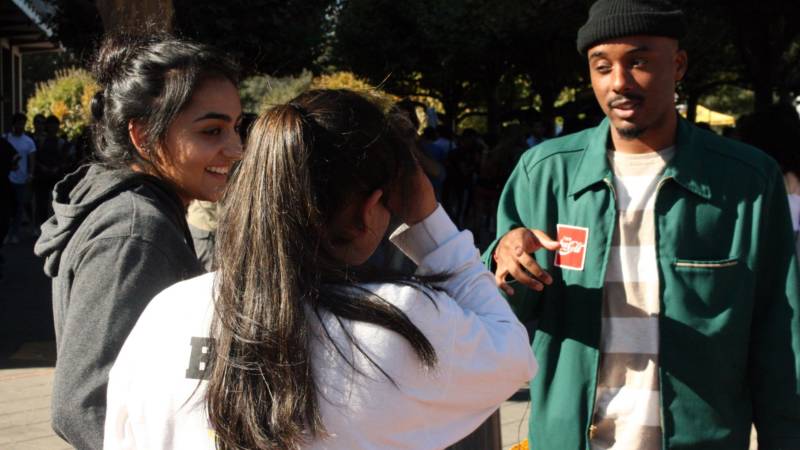 Caleborate with fans at Sproul Plaza, UC Berkeley.