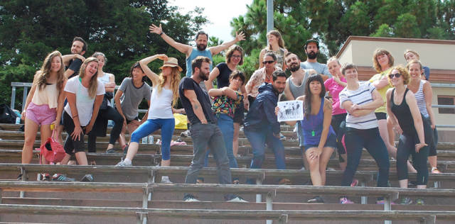 Stairwell's Field Trip participants pose a la New Kids on the Block at an event in Kezar Stadium, 2015.