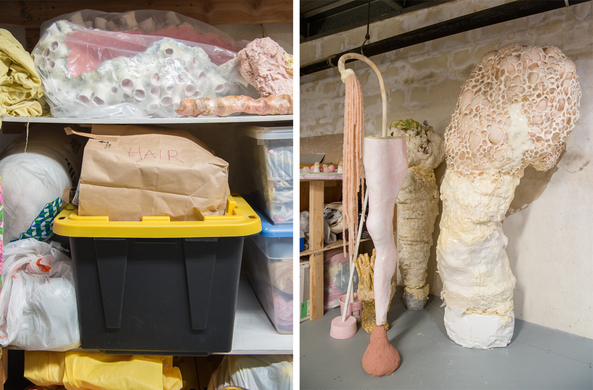 Material and artwork storage in Lempesis' studio; Sculptures 'flick,' 'crumb' and 'clot,' from left to right.