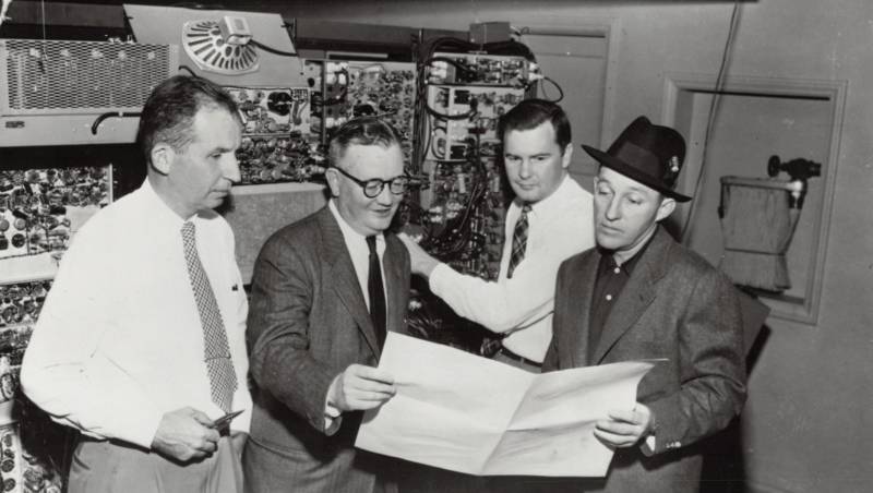 The team at Bing Crosby Enterprises attempting to invent the first video tape recorder. On the far left: Jack Mullin, who introduced audio tape recording to the U.S.. On the far right: Bing Crosby. Ampex would beat Mullin and BCE to the punch.