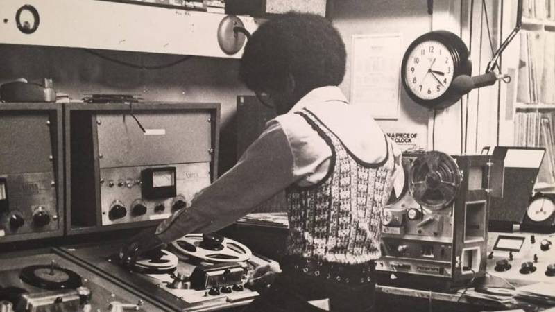 Keven Guillory, editing a spot at KRE AM & FM in Berkeley, circa 1973.
