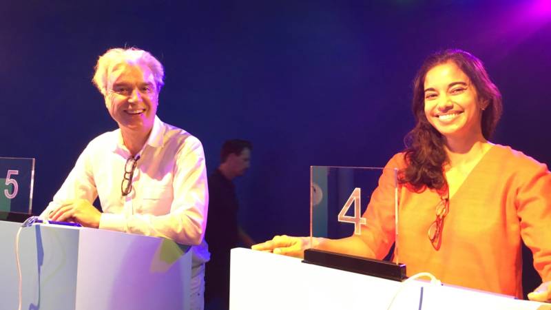 David Byrne and Mala Gaonkar in the TV game show room. Byrne says the process of participating in these quasi-scientific studies "really does change how you think about things. How you think about what we are and how we react and how make decisions and how we are in the world."