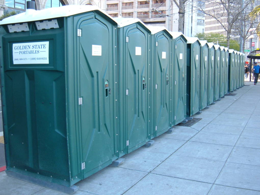 A row of Golden State Portables set up in San Francisco during the 2008 Olympic Torch Relay.