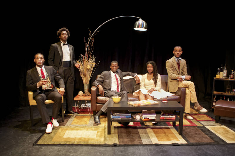 (L to R) William Hartfield, Nican Robinson, Howard Johnson Jr., Nkechie Emeruwa, and Michael Wayne Turner III in Crowded Fire's 'The Shipment' by Young Jean Lee.