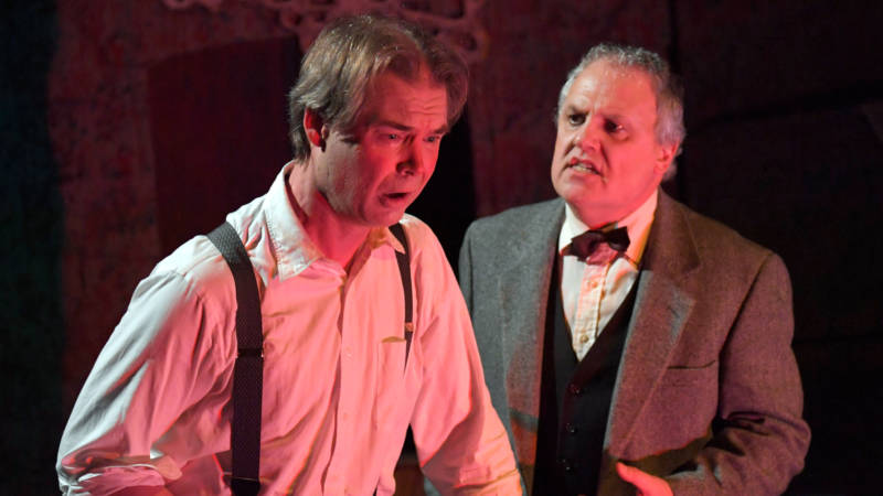(L to R) Dan Foley as an out of control alcoholic and CJ Smith as his mysterious doctor in the Thrillpeddlers' production of 'The Hellgrammite Method' by William Selby.