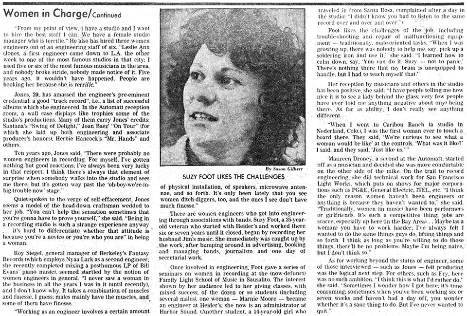 An article titled "Women Who Take Charge In the Sound Studios," featuring Susie Foot, published July 12, 1981.