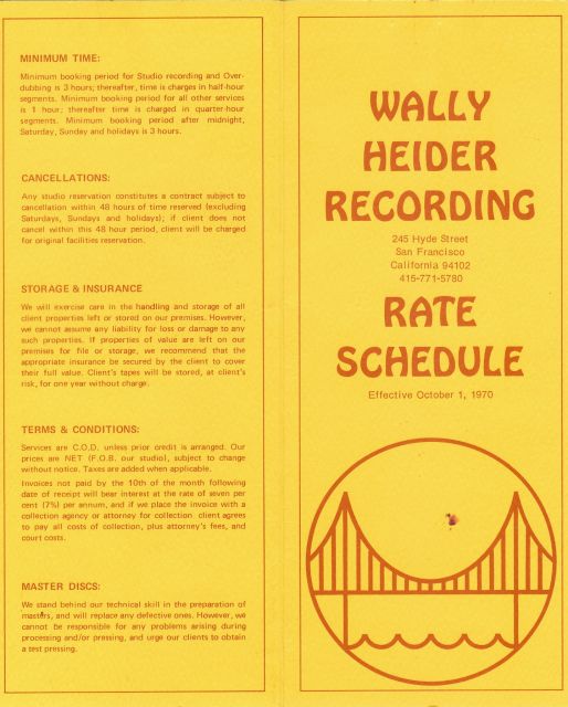 A rate card from Wally Heider Recording, 1970. 