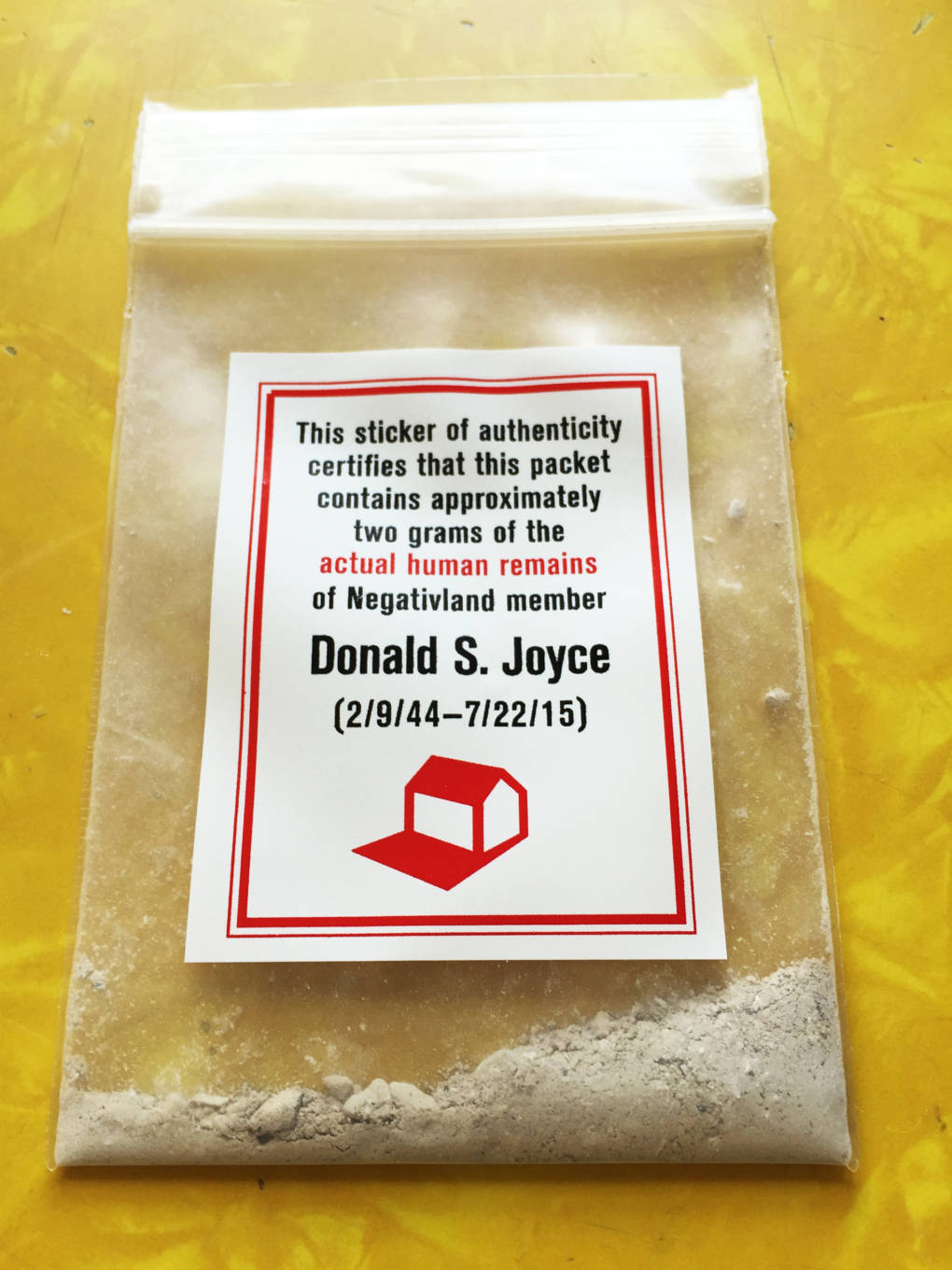 Package of Don Joyce's ashes
