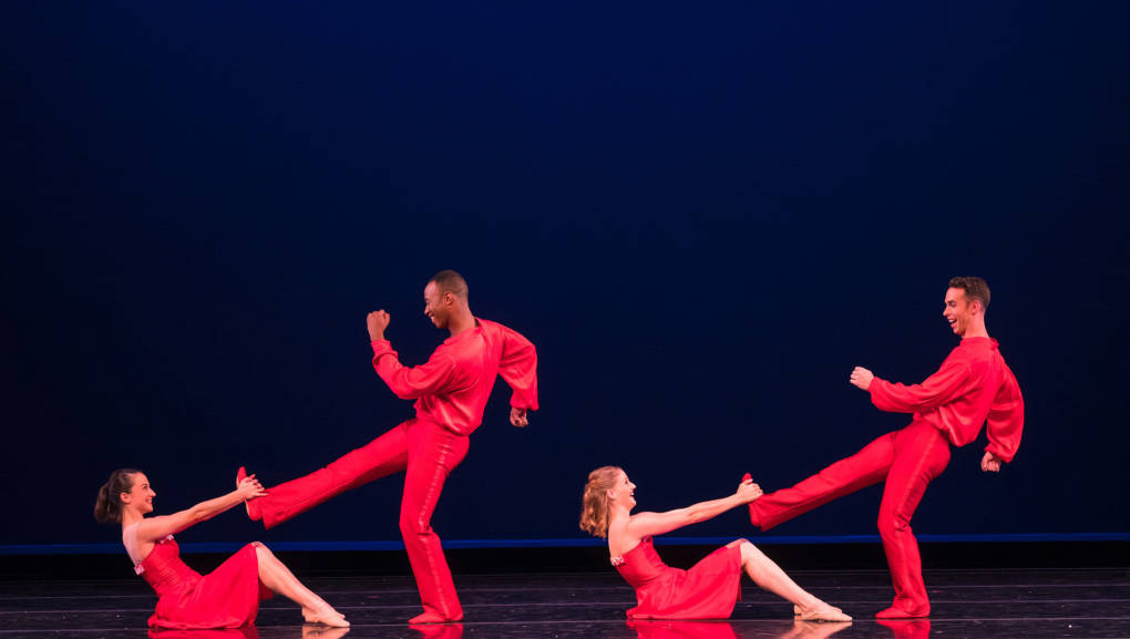 Terez Dean, Dustin James, Tessa Barbour, and Ben Needham-Wood in Nicole Haskins' J-I-N-G-L-E Bells, from Smuin's '2016 The Christmas Ballet'