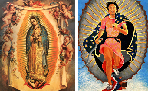 The original Lady of Guadalupe next to "Portrait of the Artist as the Virgin of Guadalupe" (1978) by Yolanda Lopez.