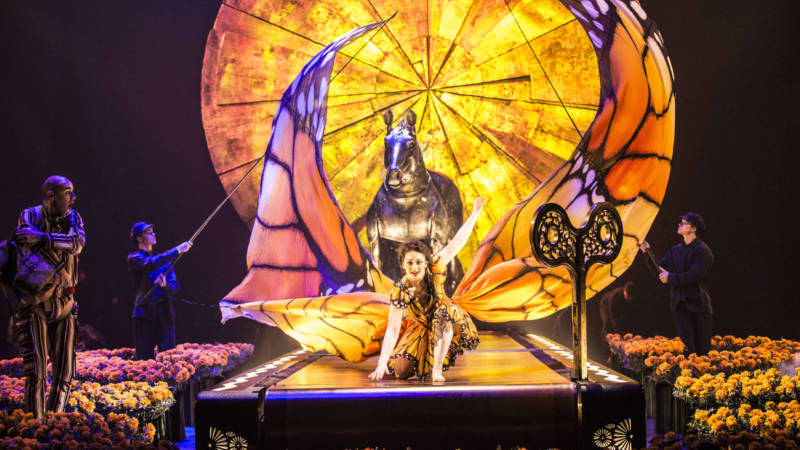 The running butterfly woman (Shelli Epstein) touches down in Cirque du Soleil's 'Luzia.'