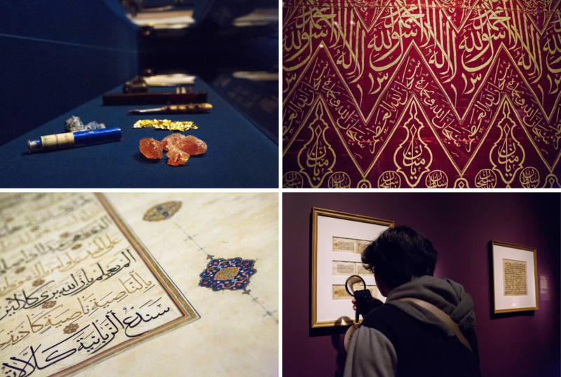 (Top row left) Artists used burnishers, gum arabic, lapis lazuli and gold leaf for calligraphy and designs. (Right) Artists also covered silk panels with religious invocations, names of God and testaments of faith. (Bottom row left) A 150-pound Quran from 16th century Iran is full of rich details. (Right) Gallery visitor Macks Stacie Corpuz Lazo looks through Quran pages with a magnifying glass.