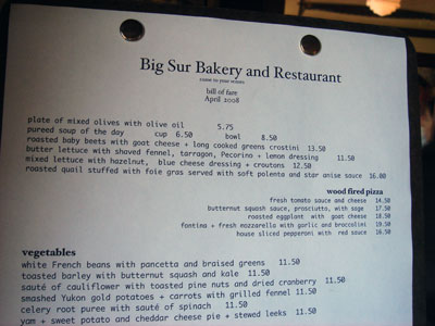 Big Sur Bakery and Restaurant menu