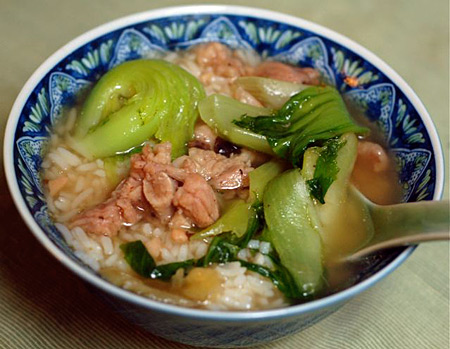 bowl of pork sparerib and mustard green soup