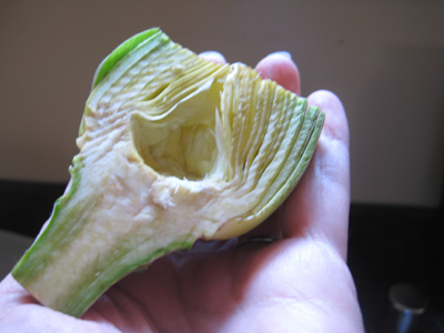 trimmed artichoke cut in half