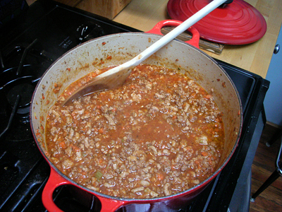 Ragu ready for a long simmer, after broth and tomato paste have been added