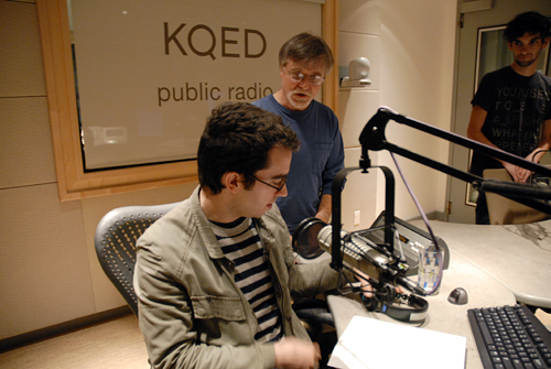 Jonathan Safran Foer preparing to record a reading of his book Eating Animals for Writers Block at KQED. Howard Gelman, KQED Radio and Emmanuel Hapsis, KQED Interactive set up the equipment and prep him for the reading.