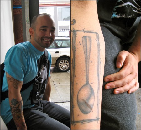Richie Nakano, sous chef at NOPA, displaying his Oneida spoon tattoo