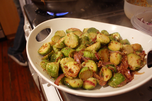 Brussels Sprouts with Red Onions in a Mustard Vinaigrette