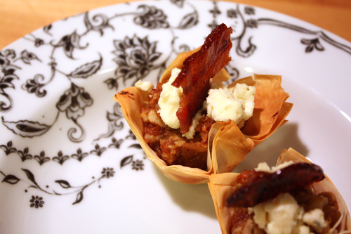 Walnut Date Cups with Blue Cheese and Candied Bacon