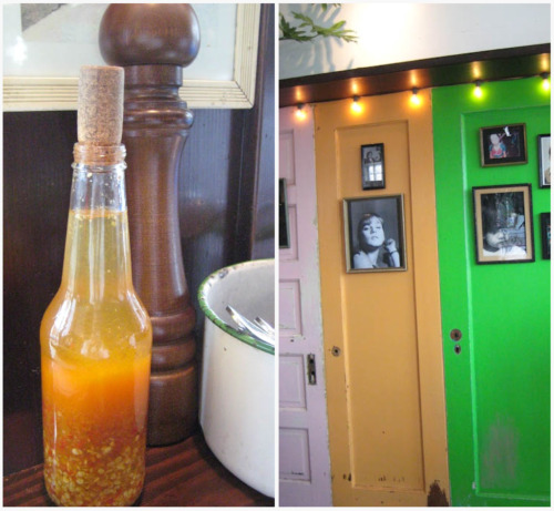 Sol Food housemade hot sauce and decorative shuttered interior