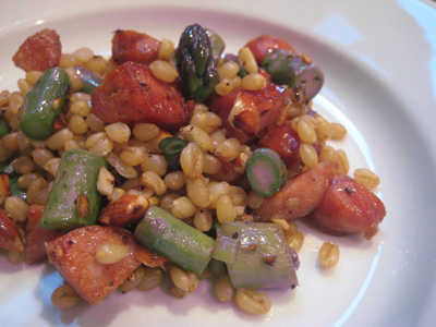 wheat berries with sausage and asparagus