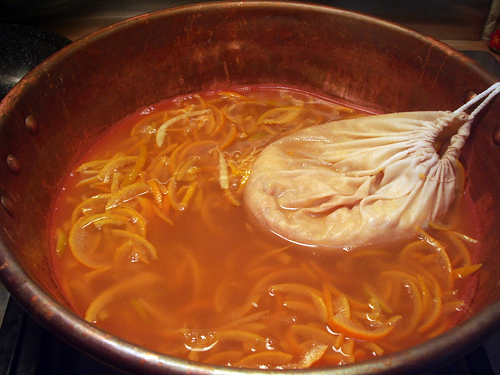 Simmering the peel to make marmalade