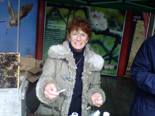 Helene Marshall of Marshalls Farm Honey, offering samples of Fairmont Hotel