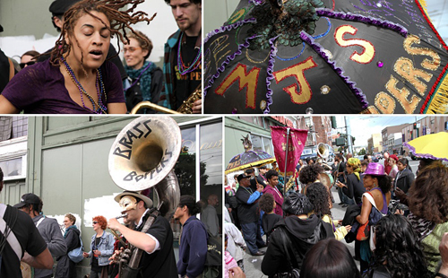 MJs Brass Boppers lead a Mardi Gras Second Line to an Eat-In at CounterPULSE Theater. Photos: Van Nguyen-Stone of Jomi Jomi