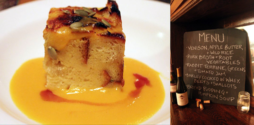Bread pudding with pumpkin soup and harvest dinner menu. Photos by Stephanie Watts