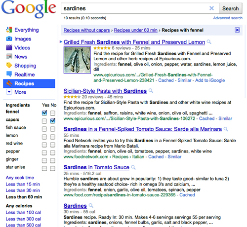 Sardines search using Google Recipe View