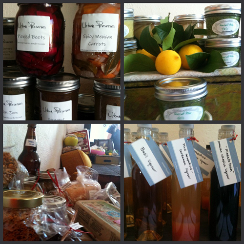 An assortment of preserves, pickles, fermented foods, and baked goods for exchange at Saturdays food swap.