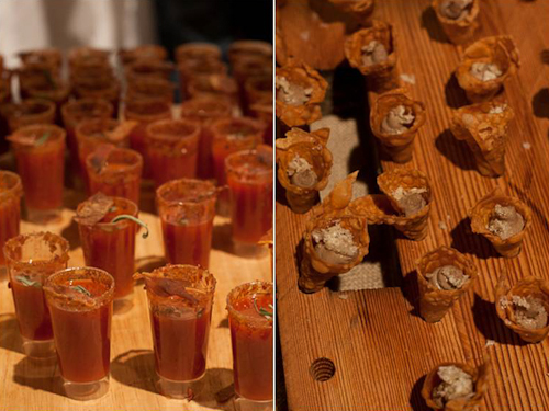 Bacon-spiked Tequila Shooters and Pork Liver Mousseline Cones